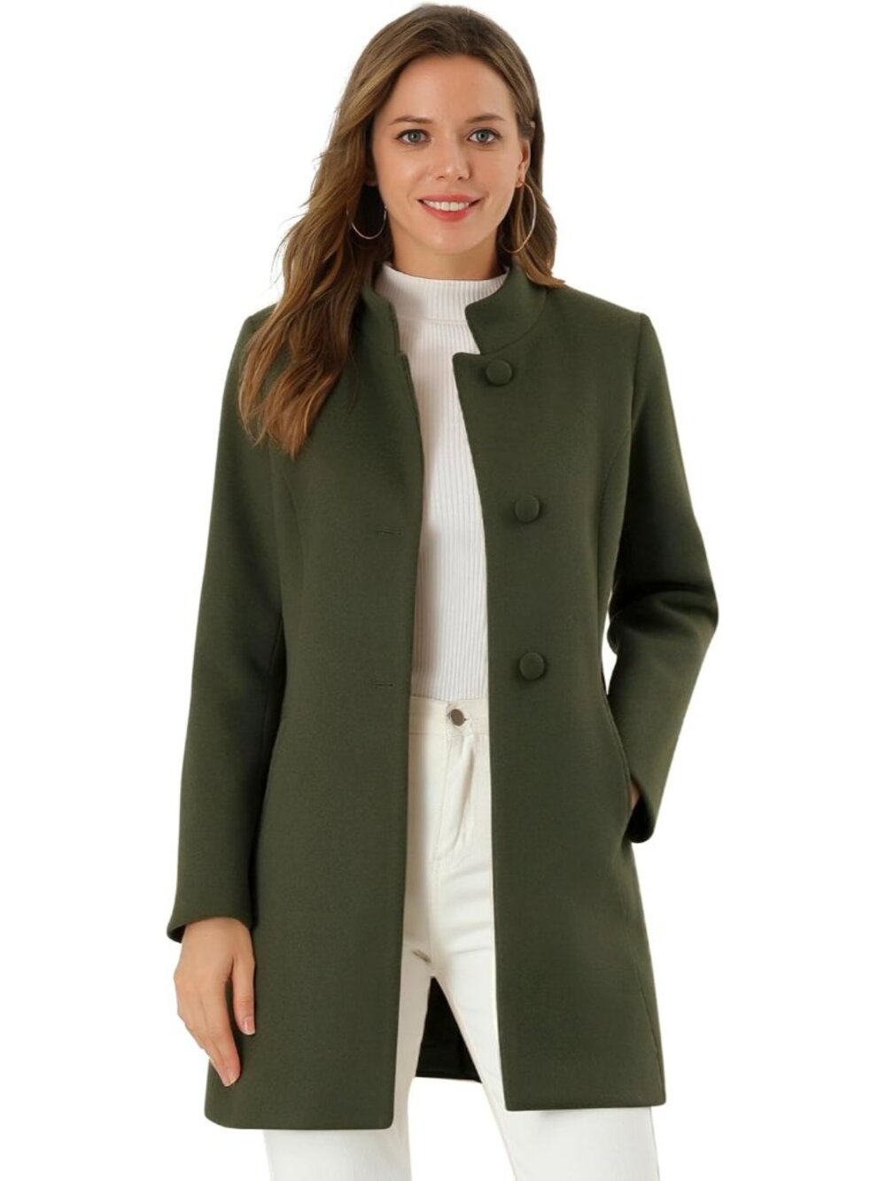 Women's Army Green Winter Overcoat Mid Long Stand Single Breasted Soft Pea Coat